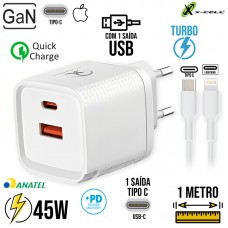 Carregador GAN Turbo 45W Tipo C + USB + Cabo Lightning 1M XC-UR56 X-Cell - Branco